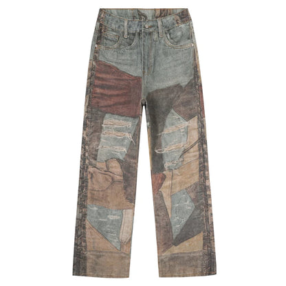 Printed Patchwork Jeans 2026 Spring New Fashion Streetwear Y2k Pants Casual Loose Vintage Hip Hop Denim Trousers Male