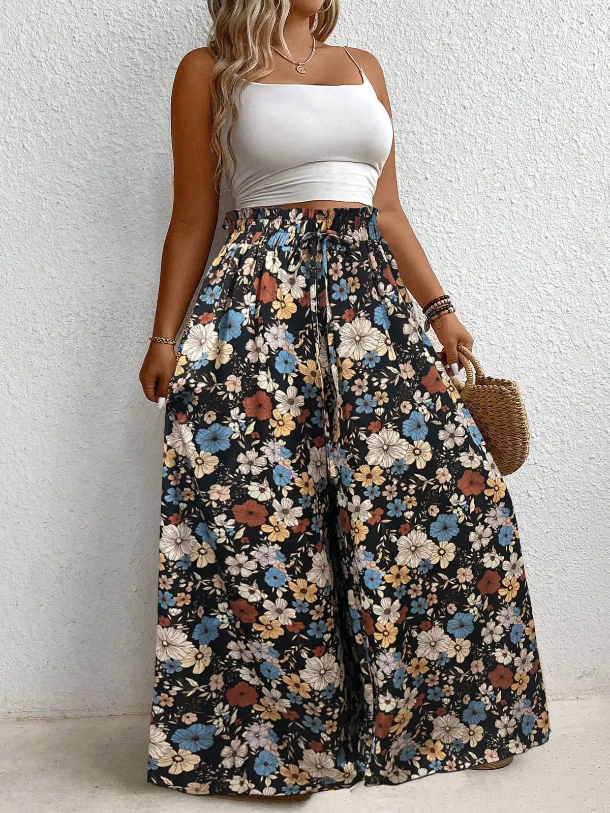 Plus Size Women's Clothing Loose Comfortable Casual Style Summer Printed Long Pants Elastic Waist Drawstring