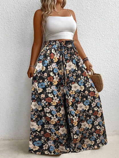 Plus Size Women's Clothing Loose Comfortable Casual Style Summer Printed Long Pants Elastic Waist Drawstring