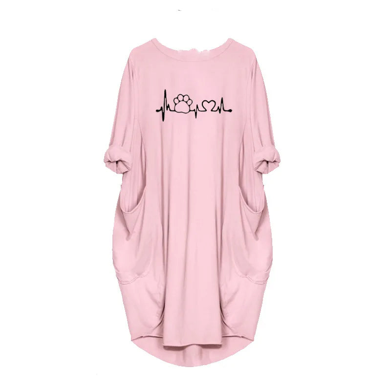 Women's Loose  Long Sleeved Summer Plus Size Dress Autumn  Winter Casual Round Neck Solid Color Long Sleeve Pocket Loose Pullove