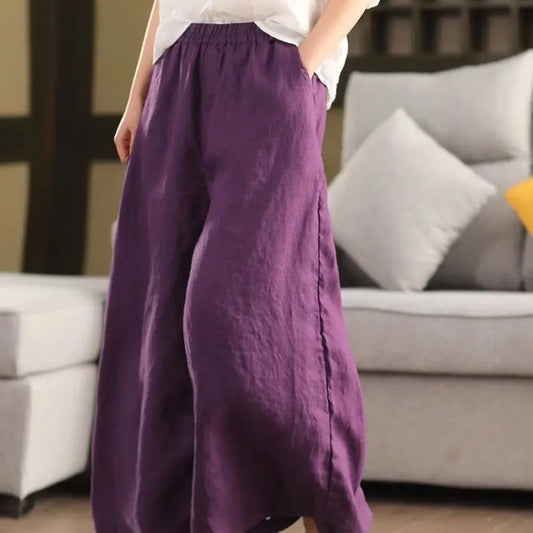 Plus Size Women's Casual Retro Elastic Waist Wide Leg Women's Clothing Cotton Linen Comfortable Office Lady