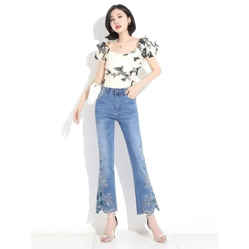 2025 Spring/Summer New Thin Embroidered Jeans Women's Stretch Embroidered Nine Part Pants Retro Versatile Micro Bellbottom Pants