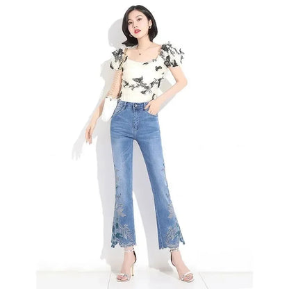 2025 Spring/Summer New Thin Embroidered Jeans Women's Stretch Embroidered Nine Part Pants Retro Versatile Micro Bellbottom Pants