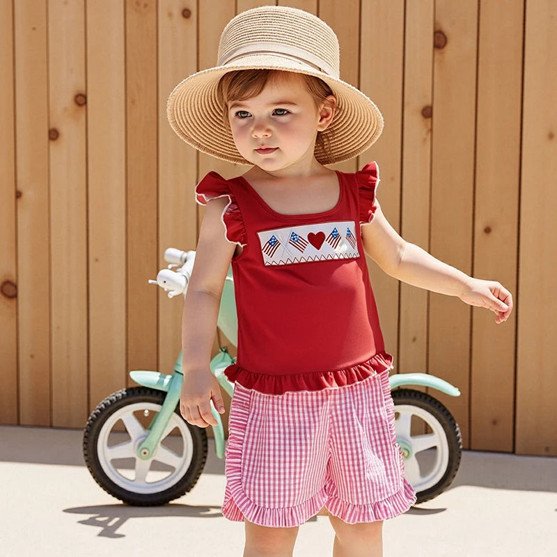 Infant Girl s Patriotic Outfit Red White Blue American Flag Heart Embroidered Flutter Sleeve Top Plaid Ruffle Shorts Set for