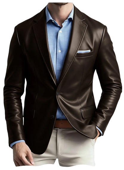 Men's Faux Leather Blazer Notch Lapel Flap Pockets Slim Fit Suit Jacket Coats For Casual Business Wedding Party