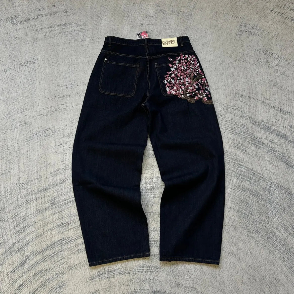 Y2K Vintage Low Waist Hip Hop Cherry Blossom Embroidered Jeans Wide Leg Trousers Clothes Men's Embroidered Baggy Jeans
