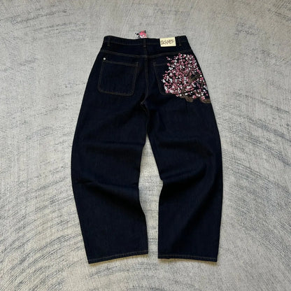 Y2K Vintage Low Waist Hip Hop Cherry Blossom Embroidered Jeans Wide Leg Trousers Clothes Men's Embroidered Baggy Jeans