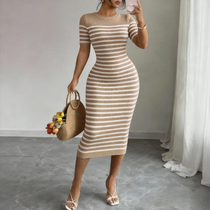 Women's Black Striped Crew Neck Short Sleeve Stretchy Knit Midi Dress Bodycon Sundress Casual Summer Daily Party Dress Outfits