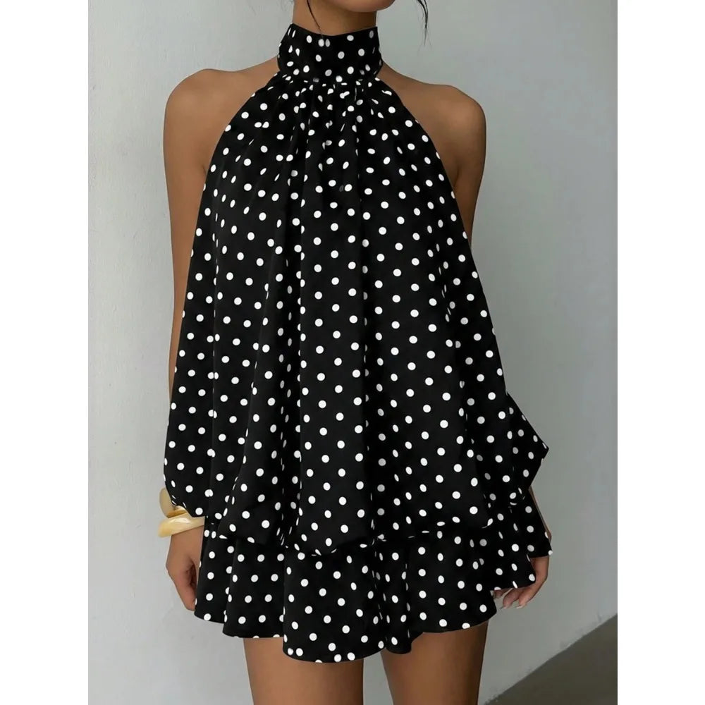 Women White Black Polka Dot Halter Mini Dress Summer Sleeveless Ruffle Tiered Short Dress Elegant Party Clubwear A-Line Vestidos