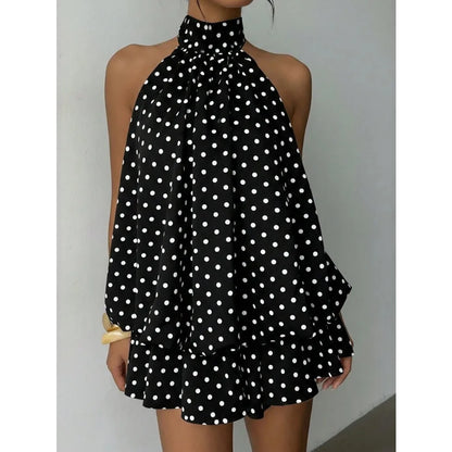 Women White Black Polka Dot Halter Mini Dress Summer Sleeveless Ruffle Tiered Short Dress Elegant Party Clubwear A-Line Vestidos