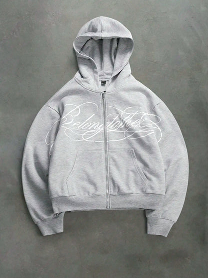 Autumn Streetwear Cropped Zip Up Hoodie Men Letter Graphic Print Front Pocket Oversized Loose Sweatshirt Casual Daily Wear 2026