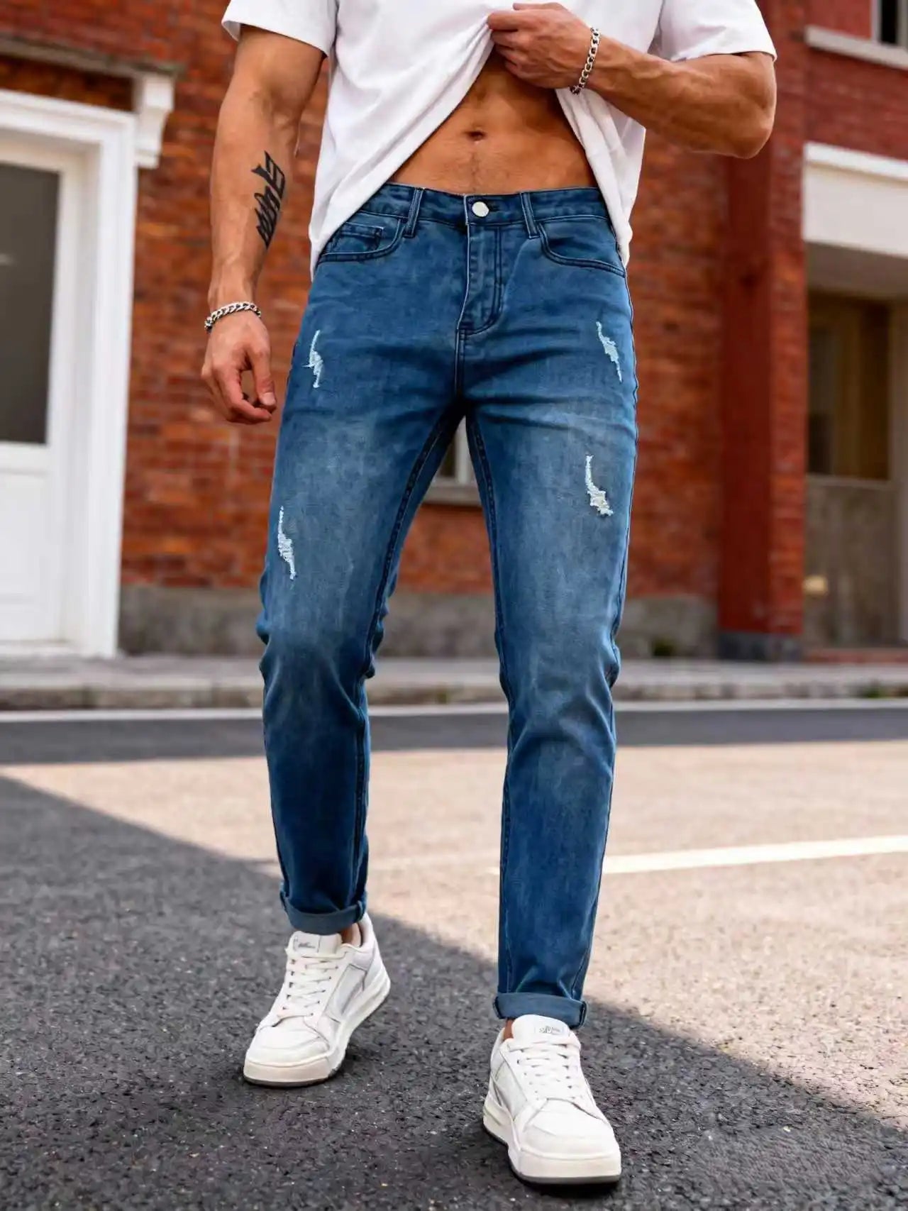 Men's Ripped Jeans, Slim Fit Stretch Denim Pants,
