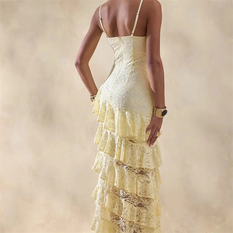 Sexy V Neck Lace Cami Tiered Ruffle Dress Women Slim Fit Maxi Evening Gown Holiday Party Formal Dress