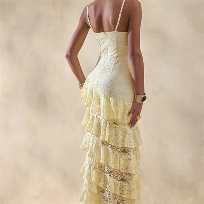 Sexy V Neck Lace Cami Tiered Ruffle Dress Women Slim Fit Maxi Evening Gown Holiday Party Formal Dress