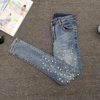 VWBQNZ Nailed Bead Jeans Women Spring/Summer New Versatile Hole Breaking Elastic Skinny Pencil Pants Female Casual Denim Pants