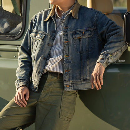 Red Tornado Distressed Denim Jacket with Blanket Lining Vintage Wash Motorcycle Style Crop Rider Trucker Jacket