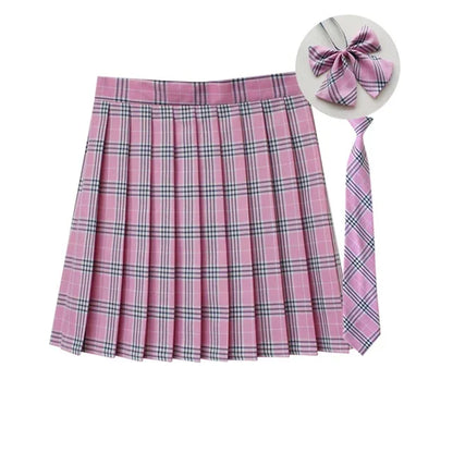 Women Summer Plaid Pleated Skirt With Necktie Bowtie Korean Jk Skirt Uniform Japanese School Preppy A Line Mini Skirts