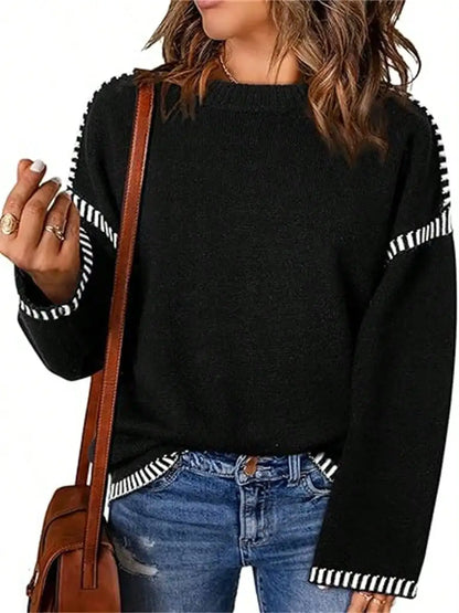 Sweaters For Women Fashion Solid Crewneck Pullover Loose Fit Long Sleeve Contrast Cable Knit Sweater Jumper Top