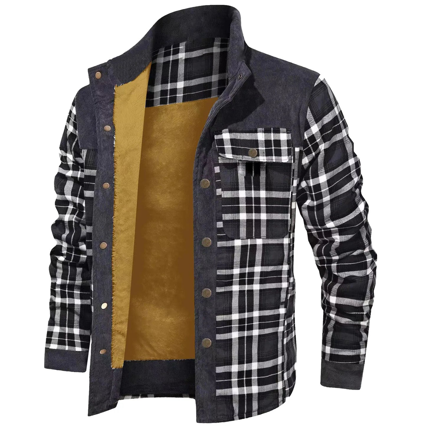 Men's Winter Wool Lined Flannel Plaid Shirt Jacket With Button Hooded Long Sleeved Jacket Men Sweaters Coats