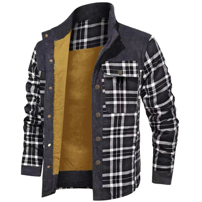 Men's Winter Wool Lined Flannel Plaid Shirt Jacket With Button Hooded Long Sleeved Jacket Men Sweaters Coats