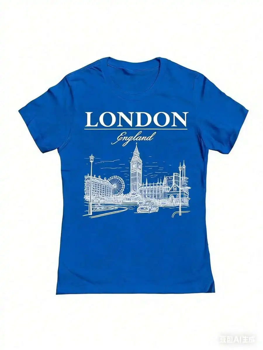 London England Graphic Cotton T-Shirt For Women Retro City Sketch Design