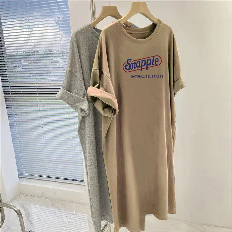 American Retro Letter Printed Plus Size Loose Short Sleeved Dress for Women