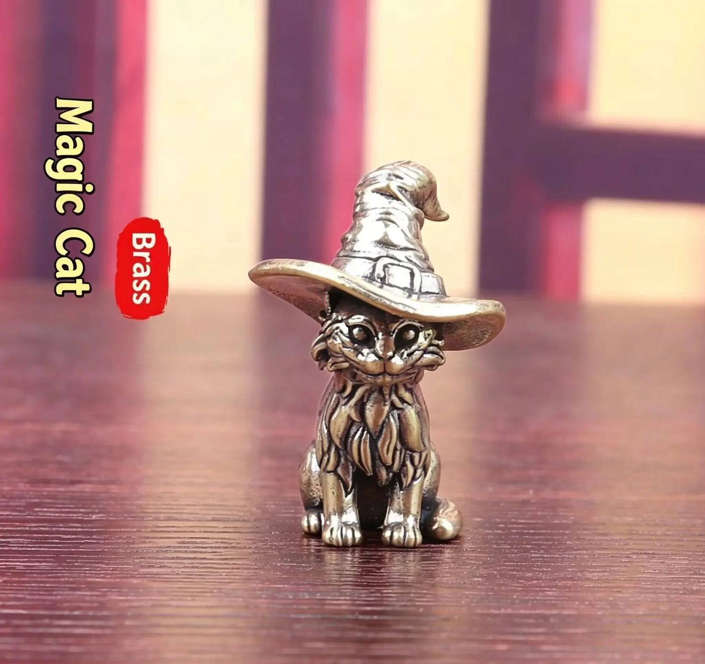 Handmade Solid Brass Magic Witch Cat Ornament Retro Wizard Hat Kitty Statue Home Office Shelf Mini Decor Halloween Gift For Cat Fans