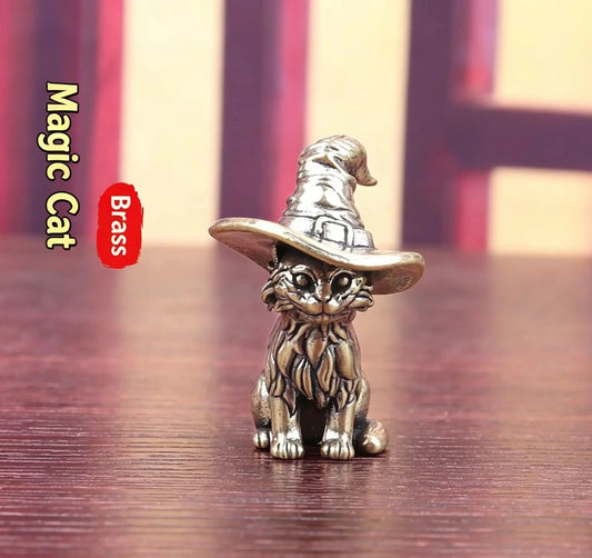 Handmade Solid Brass Magic Witch Cat Ornament Retro Wizard Hat Kitty Statue Home Office Shelf Mini Decor Halloween Gift For Cat Fans