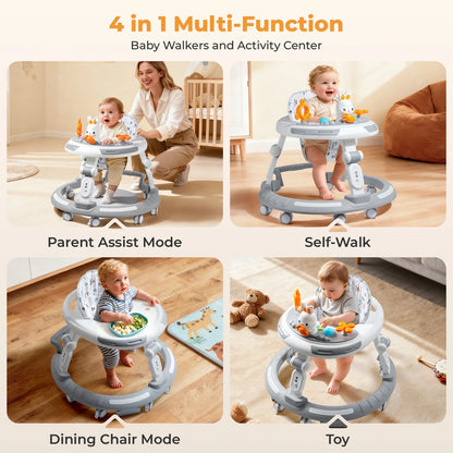 Safety-Enhanced 4-In-1 Grow-With-Me Baby Walker & Play Center - Adjustable 8 Heights, Anti-Tip Base, 8 Silent Brake Wheels