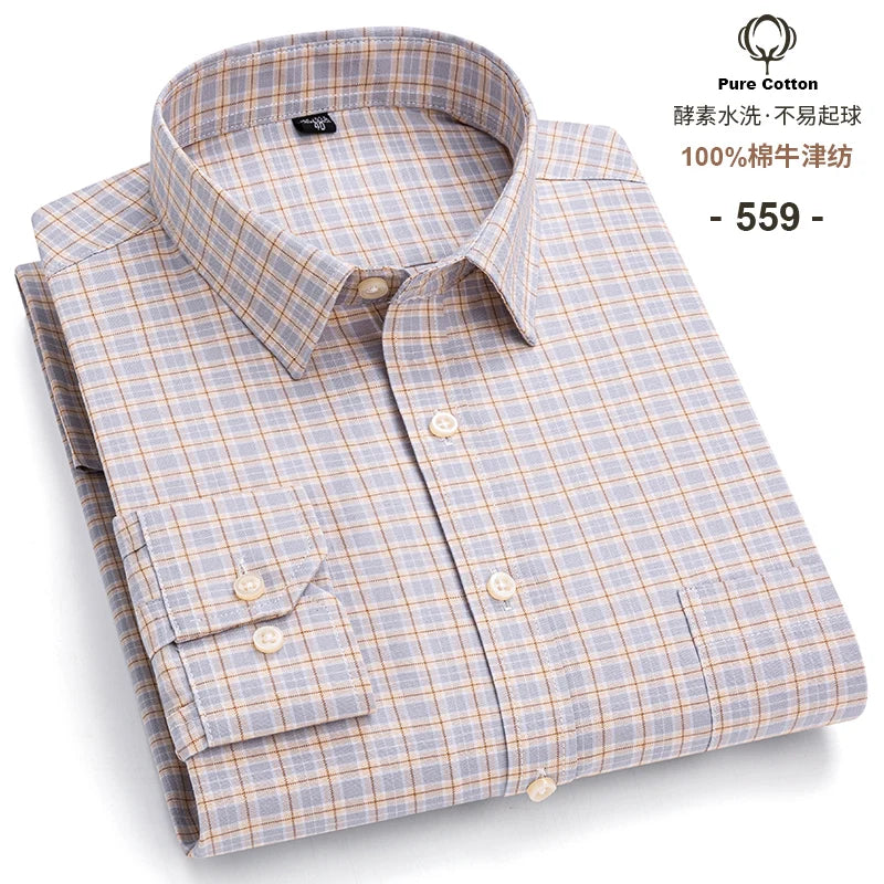 Men's Social Shirts Long Sleeve 100%Pure Cotton Oxford Buttoned Plaid Formal Male Casual Clothes Oversized Shirt Plus Size S-7XL