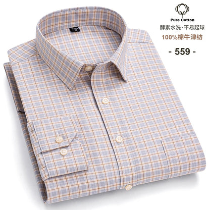 Men's Social Shirts Long Sleeve 100%Pure Cotton Oxford Buttoned Plaid Formal Male Casual Clothes Oversized Shirt Plus Size S-7XL