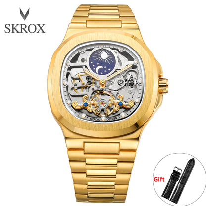 2026 High-end Luxury SKROX Square Man Watch Sapphire Stainless Steel Skeleton Moon Phase Classic Automatic Movement Male Watches