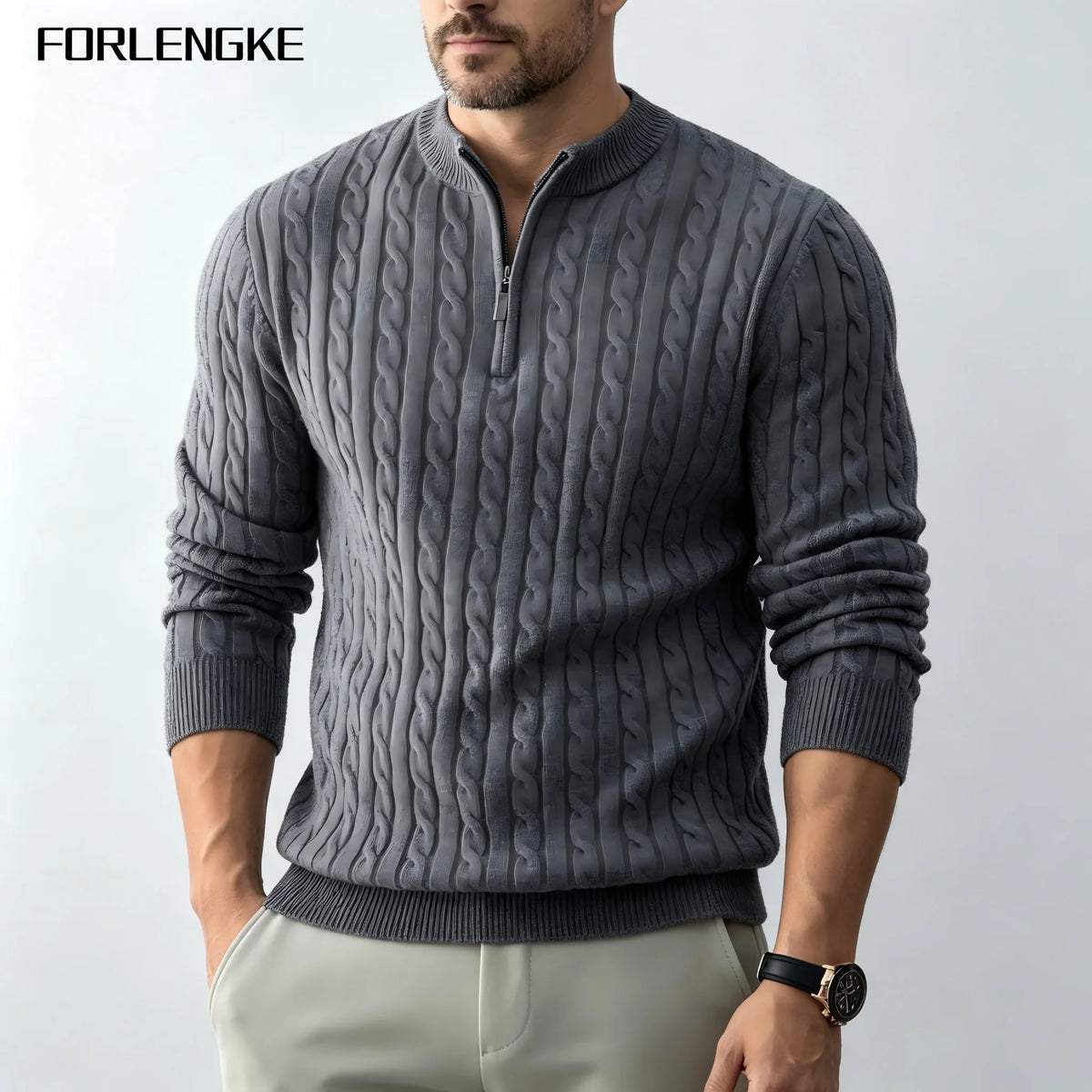 FORLENGKE Men's Business Casual Half Zip Mock Neck Cable Knit Sweater, Soft Warm Acrylic Long Sleeve Pullover for Fall Winter Of