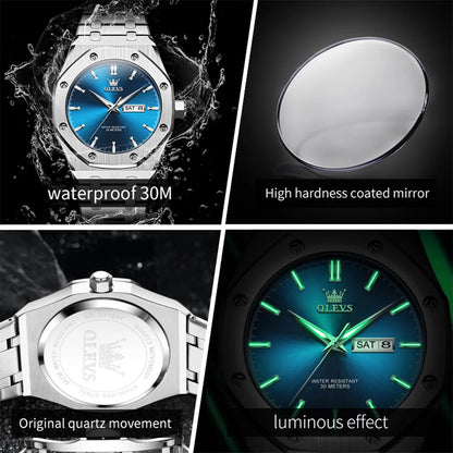OLEVS Watches For Men Stainless Steel Strap Waterproof Luminous Dual Calendar Business Wristwatch Original Quartz Man Watch 3726