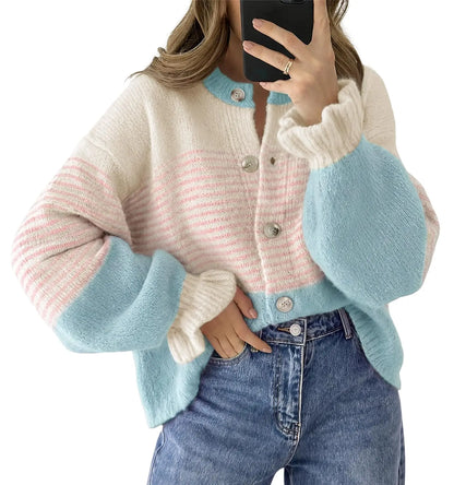 Womens Fall Striped Loose Cardigan Sweaters Ruffle Sleeve Button Up Color Block Sweater Coats