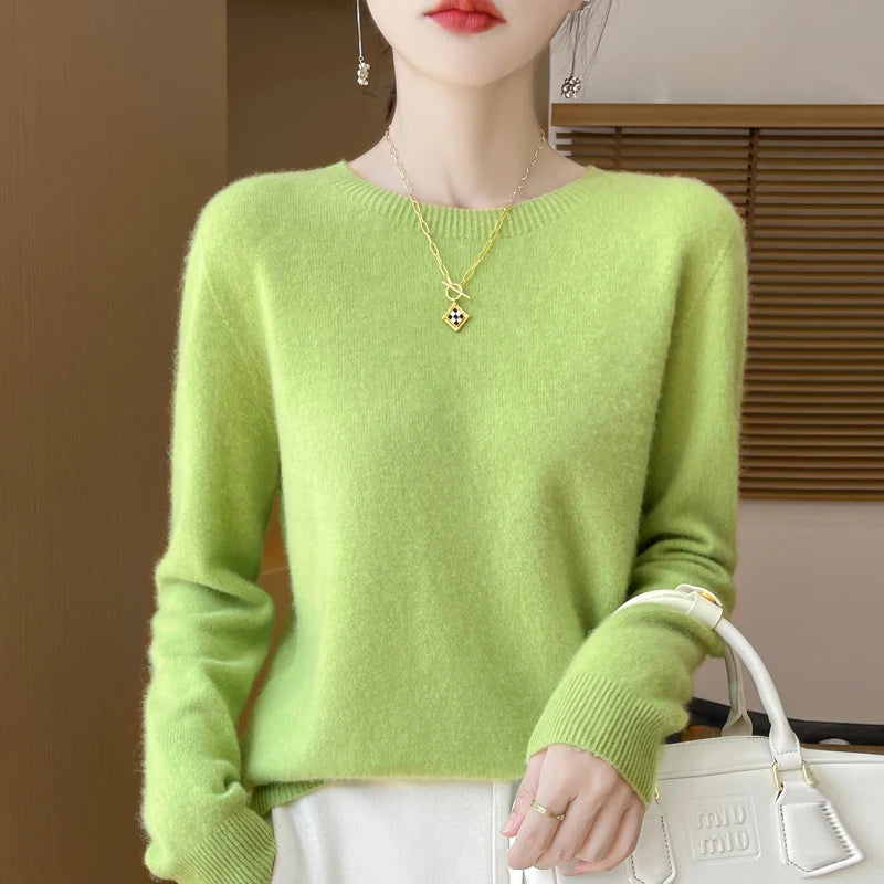Women 100% Merino Wool Sweater New Fashion O-Neck Pullover Tops Basic Jumper Autumn Winter Woman Cashmere Sweater Knitted Blouse