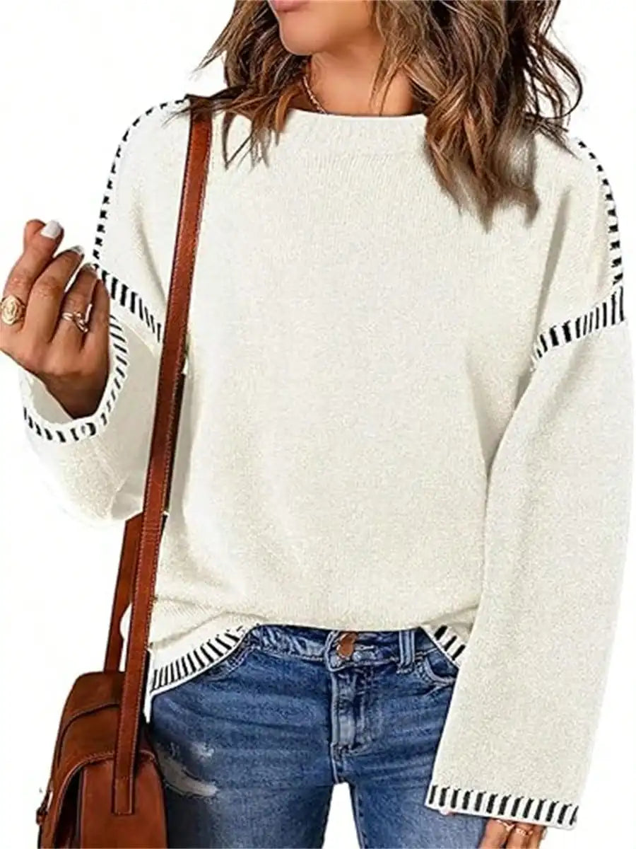 Sweaters For Women Fashion Solid Crewneck Pullover Loose Fit Long Sleeve Contrast Cable Knit Sweater Jumper Top