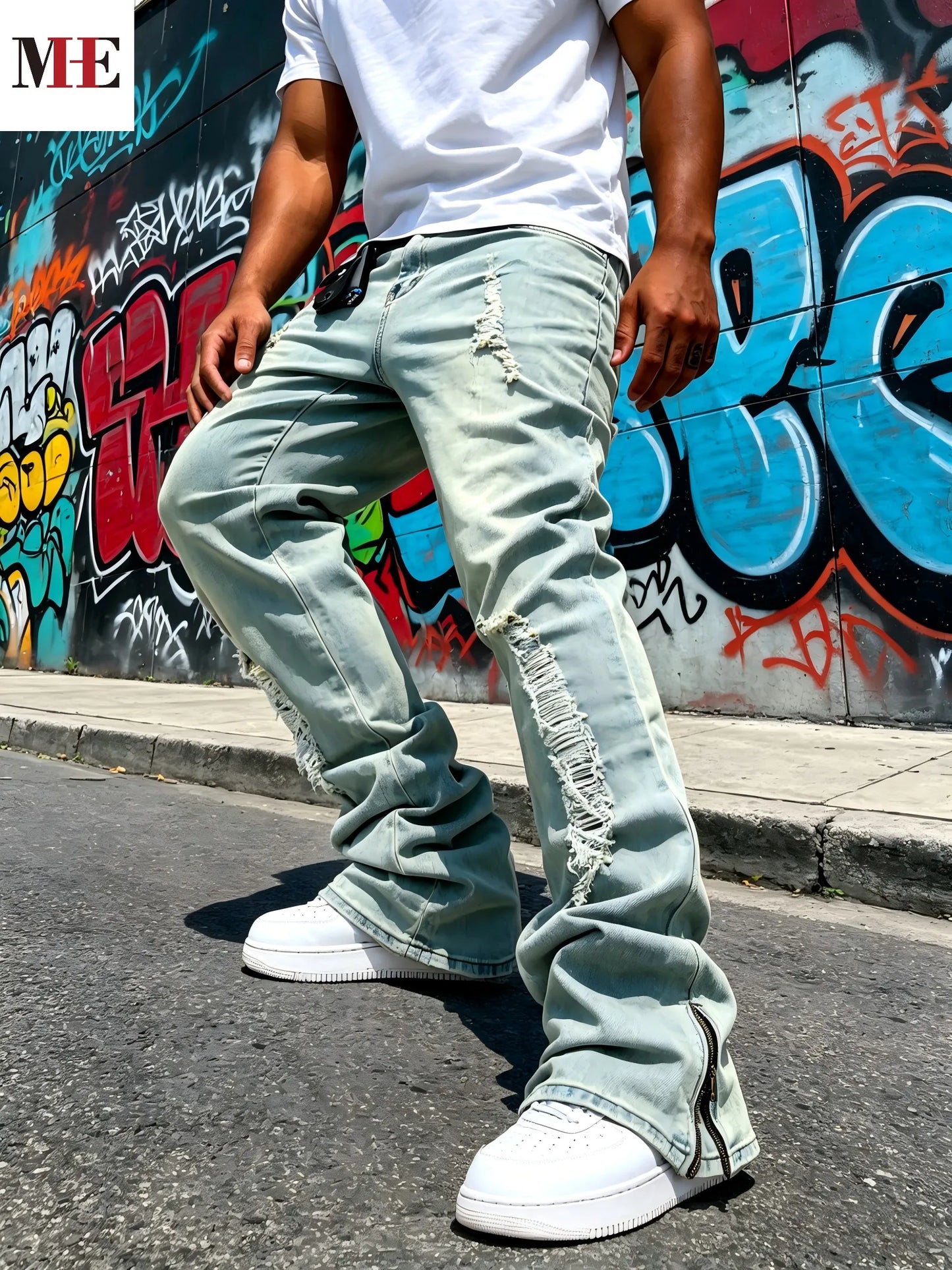 HME Men's Flared Denim Pants, Light Blue Vintage Jeans with Rips & Zipper Hem for Casual Style
