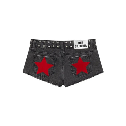 Y2K Low Waist Denim Shorts Women European American Casual Contrasting Loose Fashionable Back Sequin Star Print Hot Pants