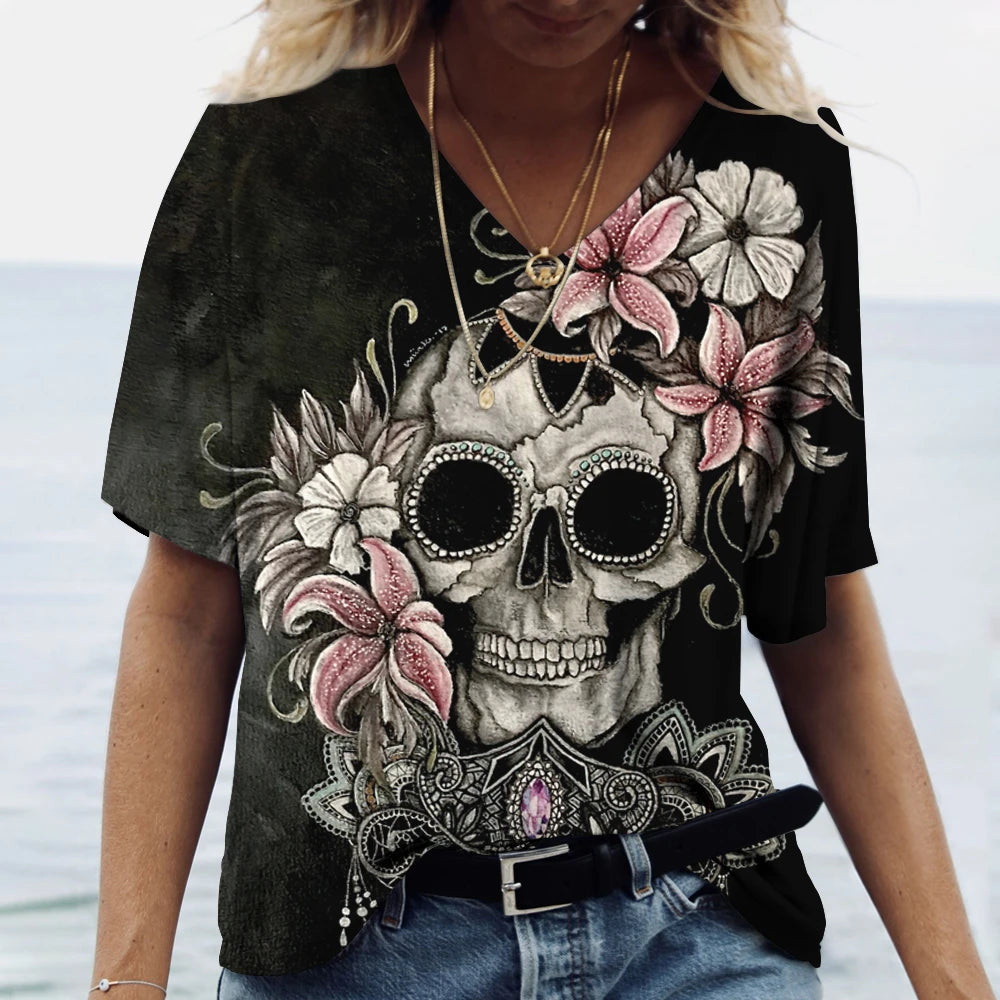 Skulls T-shirt Women's Shirt Fashion Short Sleeve New Casual Top Tee Ladies Girl Clothing V Neck T Shirt For Women