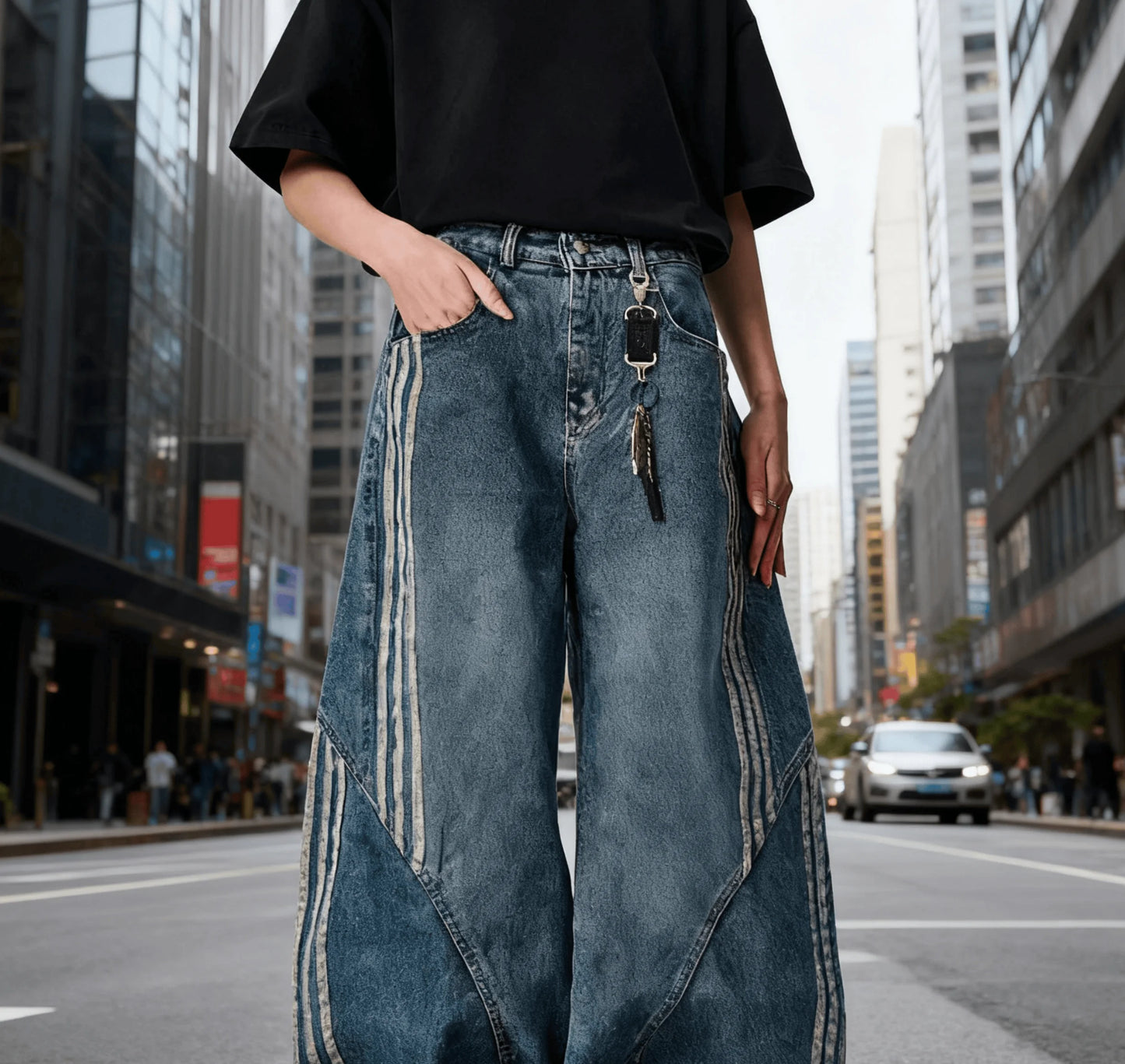 Women Wide Leg Jeans Vintage Y2K Reconstruction Custom Distressed Wash Stripe Denim Pants Trendy Comfort Fit