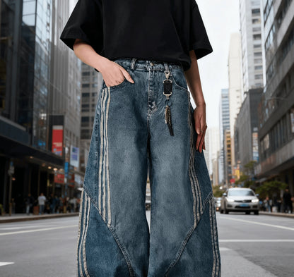 Women Wide Leg Jeans Vintage Y2K Reconstruction Custom Distressed Wash Stripe Denim Pants Trendy Comfort Fit
