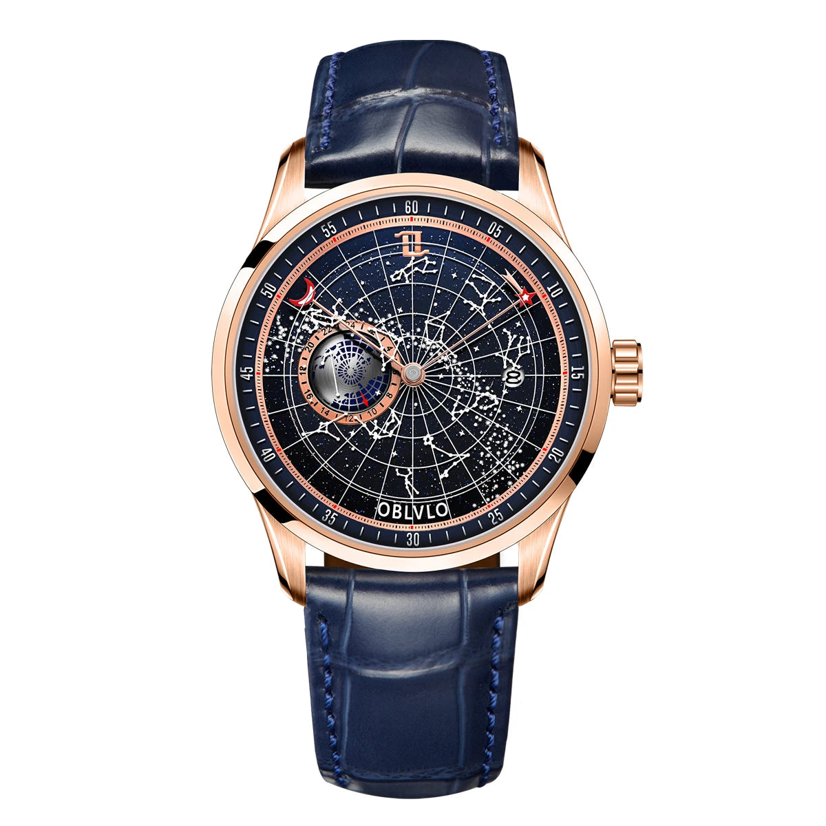 OBLVLO Simple Fashion Automatic Mechanical Watch for Men Luminous Earth Star Leather Strap Waterproof Casual Gift Clock GC