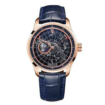 OBLVLO Simple Fashion Automatic Mechanical Watch for Men Luminous Earth Star Leather Strap Waterproof Casual Gift Clock GC