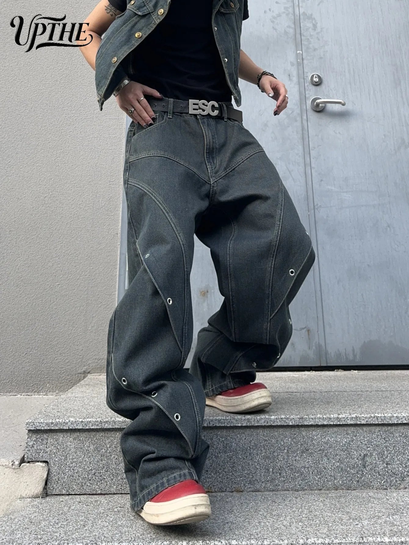 UP.THE Men Dark Raw Denim Baggy Wide Leg Jeans, Y2K Oversized Loose Curved Spliced Eyelet Denim Pants, Industrial Streetwear Trousers for Daily Outfits