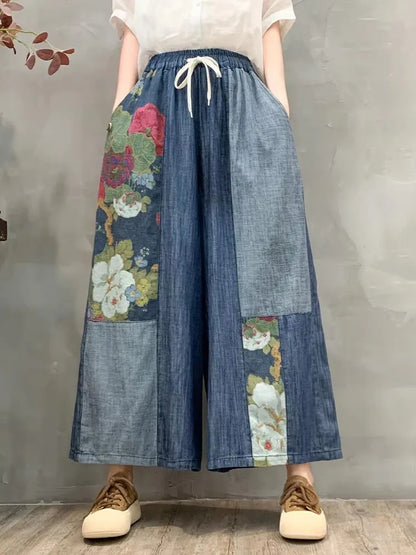 Amax luluE 2024 Summer Womens Fashion Denim Printed Plus Size Wide Leg Pants Ladies Casual Loose Floral Jeans Classic Trousers