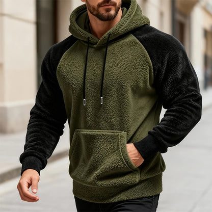 Winter Men Fleece Hooded Sweatshirt Long Sleeve Match Colors Shoulder Cuff Hoodies Trendy Big Size Light Weight Outerwear M-2XL