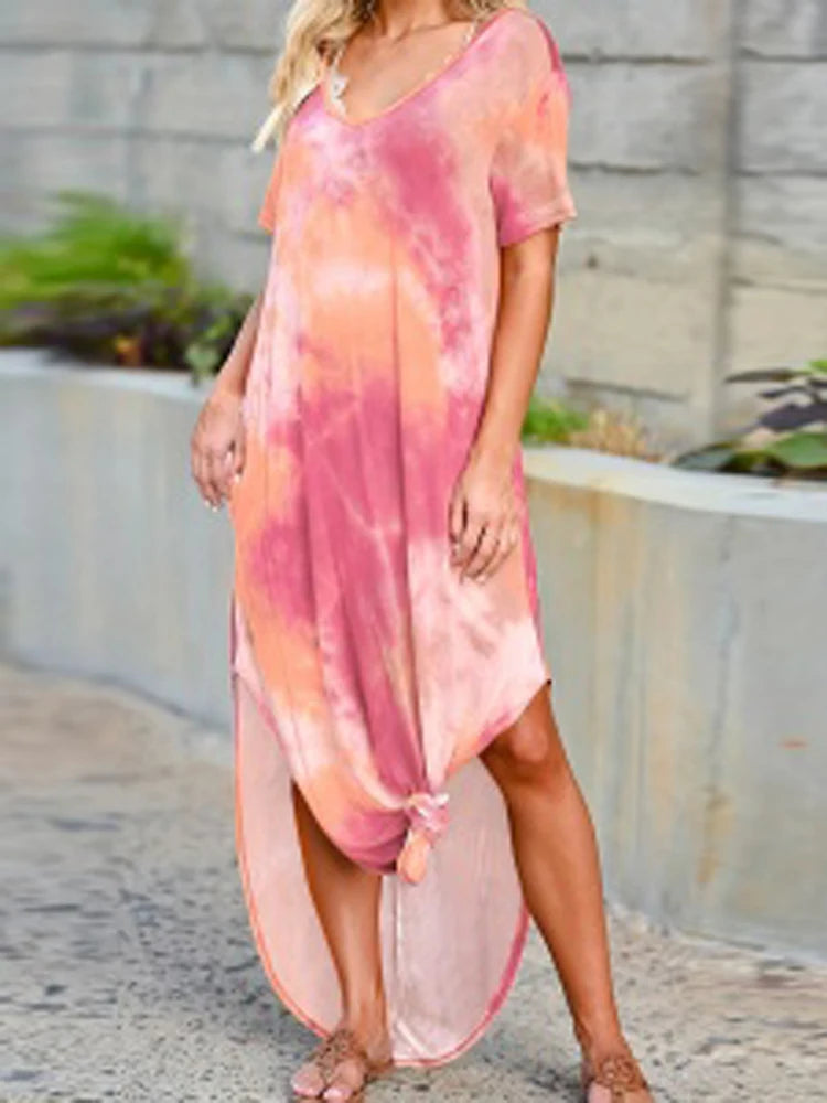 Women's Short Sleeve V-Neck Tie Dye Maxi Dress, Gradient Color Casual Loose Dress with Pockets & Side Slit, Perfect for Beach