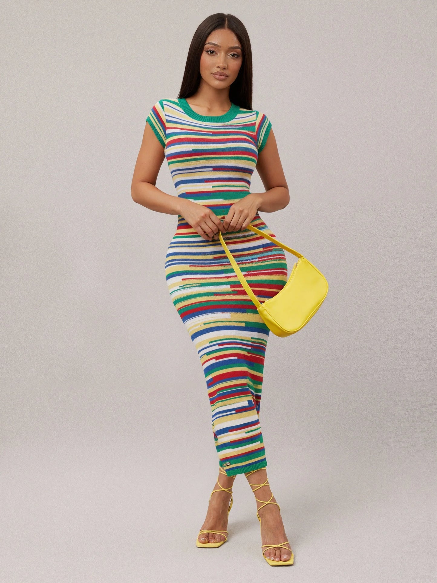 Multi-color rainbow-striped knitted round-neck short-sleeved dress, suitable for various daily outfits, elegant and casual women