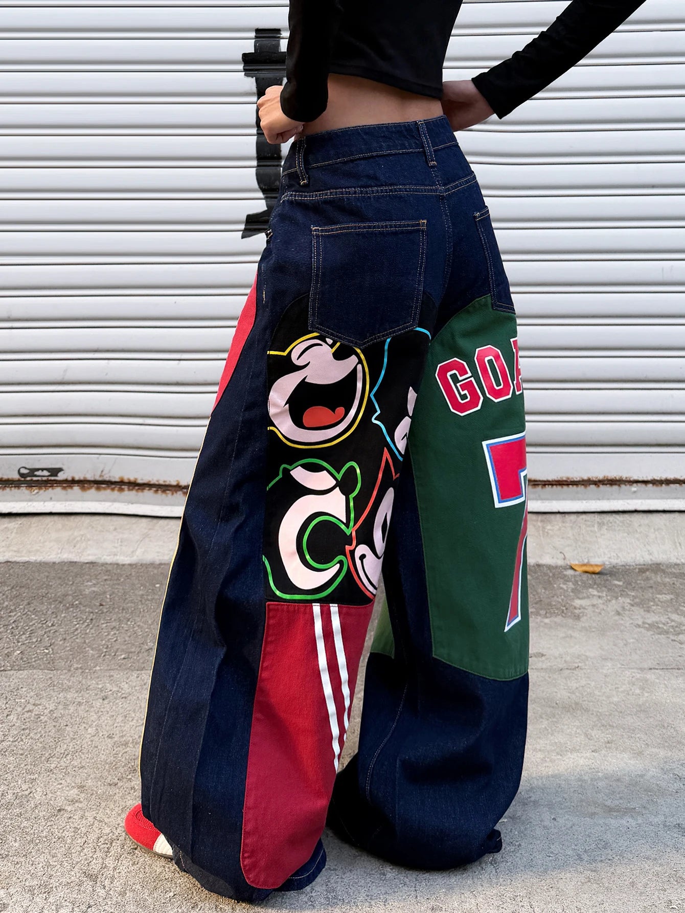 American Retro Alphanumeric Cartoon Printed Button-Down Design Cocoon Jeans, Y2K Street Hip-Hop Fashion Versatile Wide-Leg Pants For Women